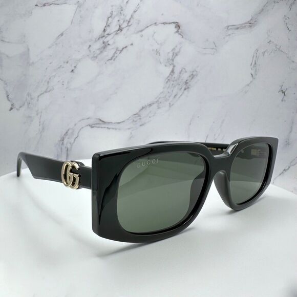 New Gucci Sunglasses Black Square Rectangular Gold Interlocking GG Metal Logo - Picture 12 of 16